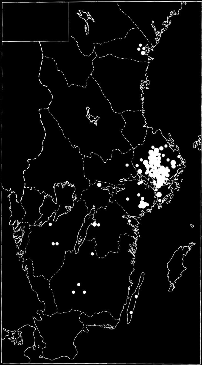 Vikingatida och medeltida skrifttraditioner 115 1 belägg 2 belägg 3 el. flera Fig. 7. Spridningen av inskrifter med h-runan som beteckning för [γ] i Sverige. Karta: författaren.