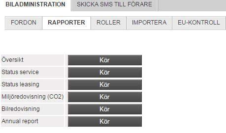 I menyn kan man välja Rapporter, där får ni tillgång till ett par rapporter som förenklar uppföljningen av bilparken.