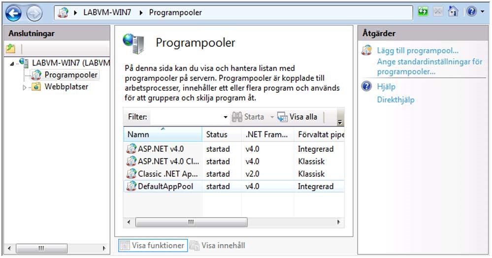 Kontrollera att DefaultAppPool kör rätt version av.net Framework.