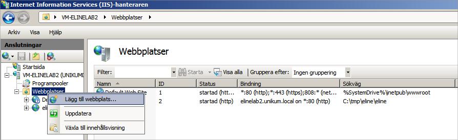 SKAPANDE AV E-LINESAJT Skapa en webbplats i IIS genom att högerklicka på Webbplatser och välja Lägg till webbplats i menyn.
