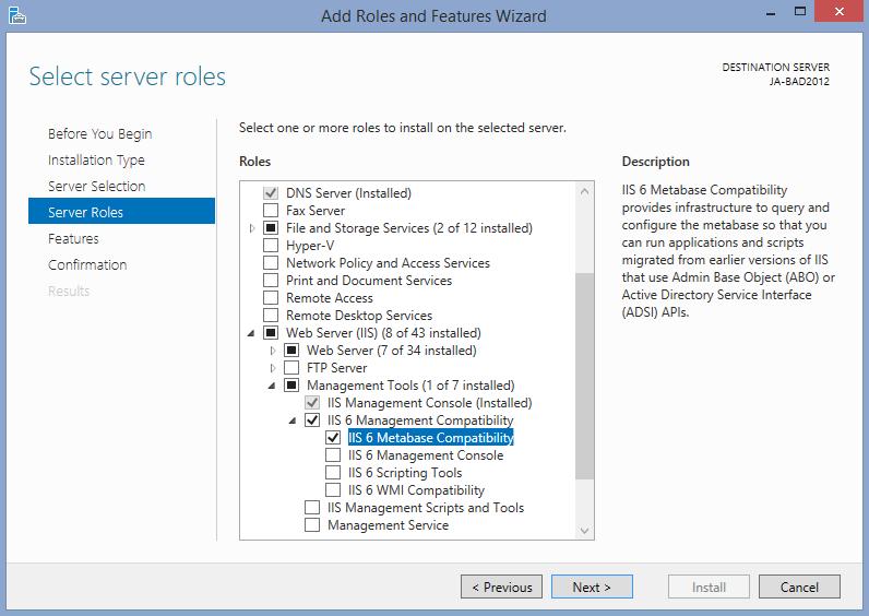 Under Server Roles markeras kryssrutan för IIS 6 Metabase Compatibility.