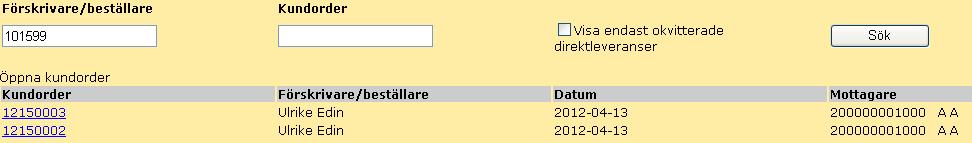 34 7.1 Öppna kundorder Utgå från Dina uppgifter i menyn, och klicka på länken. Då listas samtliga öppna kundordrar som du registrerat.