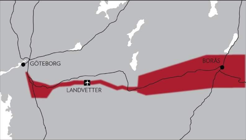 Figur 15. Göteborg-Borås. Med dubbelspår, byggt för hastigheter upp till 320 km/timme, kan restiderna med snabba regionaltåg mellan Göteborg och Borås halveras och antalet tåg öka.