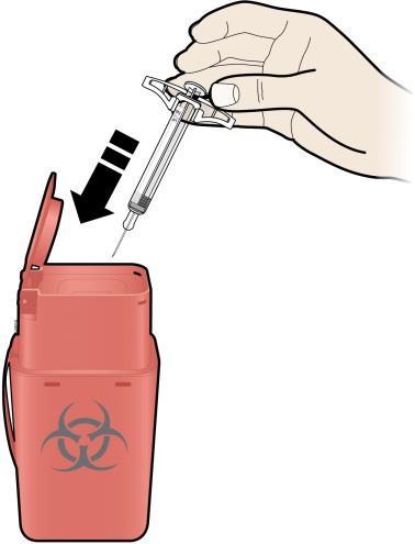 J. Kassera den använda sprutan och nålhylsan. Steg 4: Slutför Återanvänd inte den använda sprutan. Använd inte det läkemedel som finns kvar i den använda sprutan.
