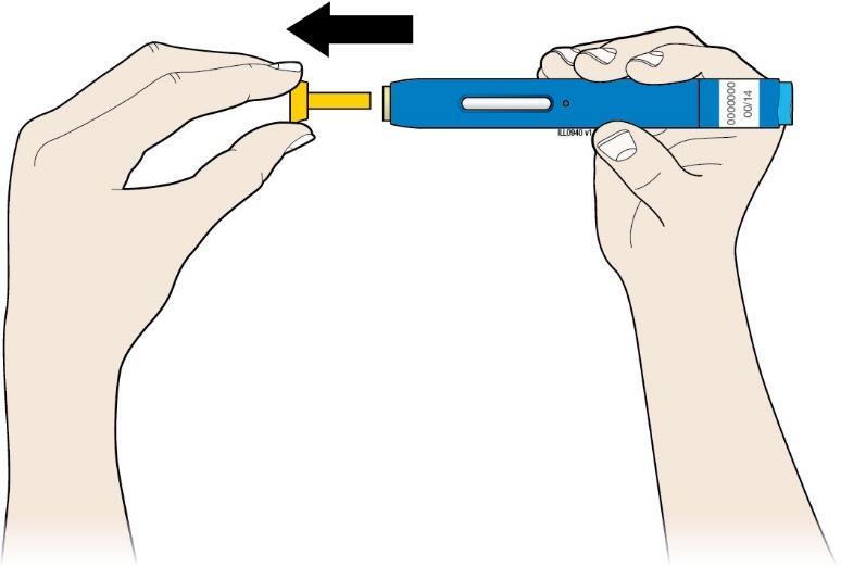 Steg 2: Gör dig klar E. Dra den gula hylsan rakt av när du är klar att injicera. Det är normalt att se en droppe läkemedel på nålspetsen eller det gula säkerhetsskyddet.