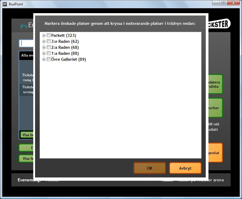 För att välja plats klickar du först på evenemanget. Sedan väljer du den typ av biljett du vill sälja. Klicka fram det antal biljetter kunden vill ha. (Ett klick = en biljett.