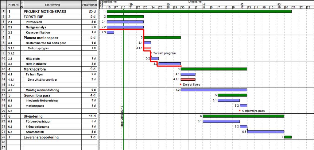 12. Tidplan Som tidplan har ett GANTT-schema skapats. I denna finns utsatta milstolpar, kritiskt linje och alla aktiviteter. Figur 3. GANTT-schema. 13.