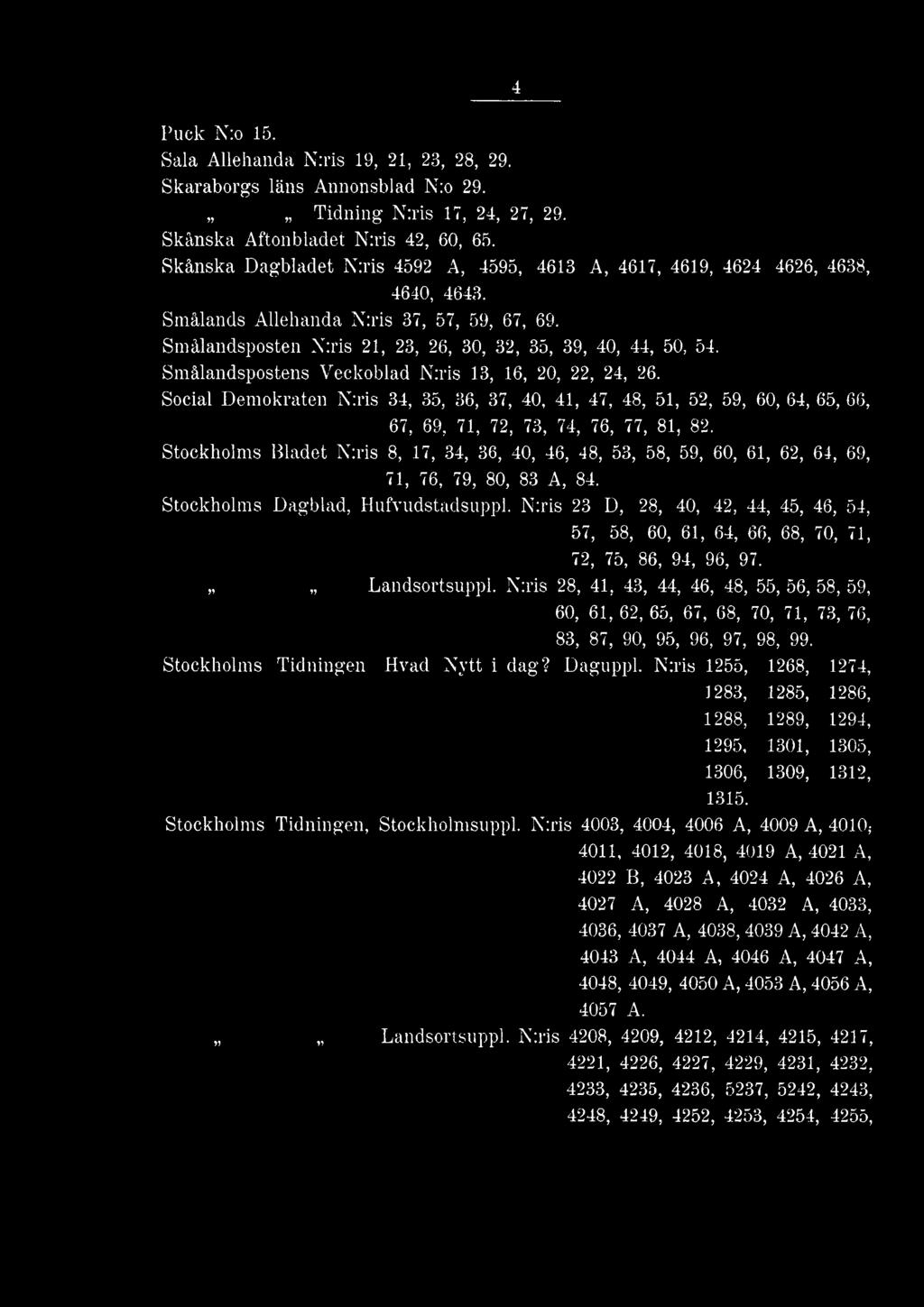 N:ris 23 D, 28, 40, 42, 44, 45, 46, 54, 57, 58, 60, 61, 64, 66, 68, 70, 71, 72, 75, 86, 94, 96, 97. Landsortsuppl.