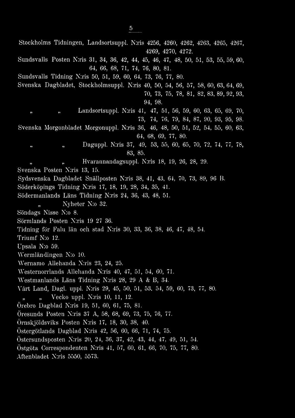 N:ris 37, 49, 53, 55, 60, 65, 70, 72, 74, 77, 78, 83, 85. Hvarannandagsuppl. N:ris 18, 19, 26, 28, 29. Svenska Posten N:ris 13, 15.