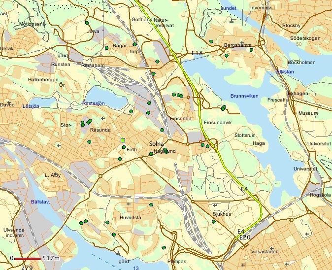 Solna stad - Stöld ur eller från bil, oktober 2016. Teckenförklaring: En grön prick = 1 brott, en grön fyrkant = 2-5 brott. En gul fyrkant = 6-10 brott.