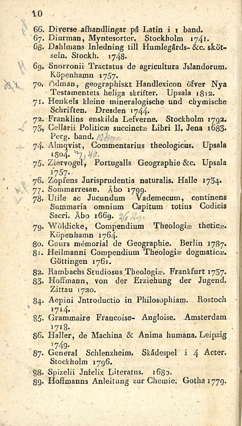 «10 66. Diverse afhandlingar pä Lätin i i hand. 67. Diurrnan, Myntesortor. Stockholm 1741. 68. Dahlmans Inledning tili Humlegårds- &c. sketsein. Stockh. 1748* 6g.