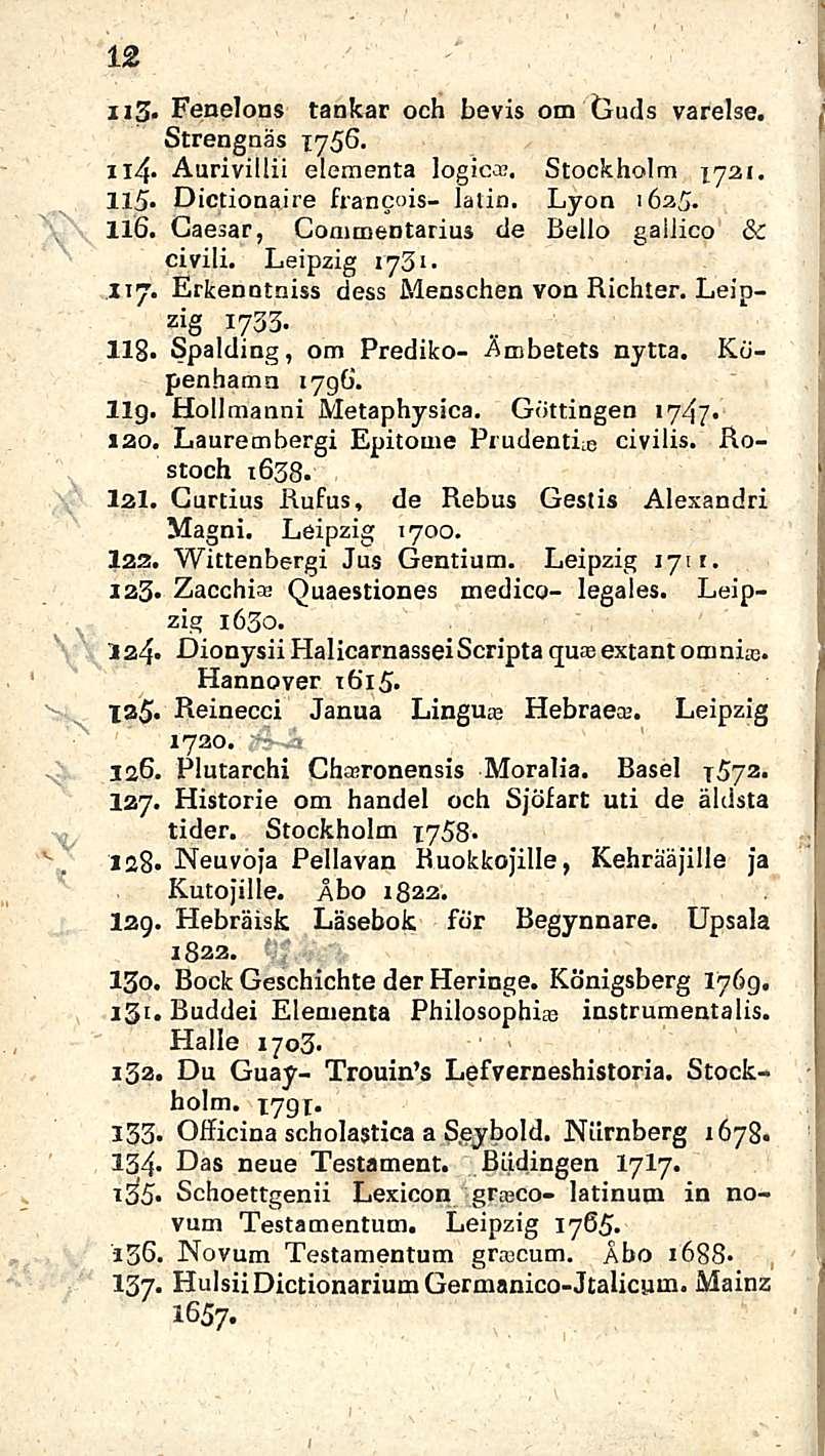 12 u3* Fenelons tankar och bevis om Uuds varelse. Strengnäs 1756. il4- Aurivillii elementa logic. Stockholm 1721. 115. Dictioaaire Francois- lätin. Lyon 1625. 116.