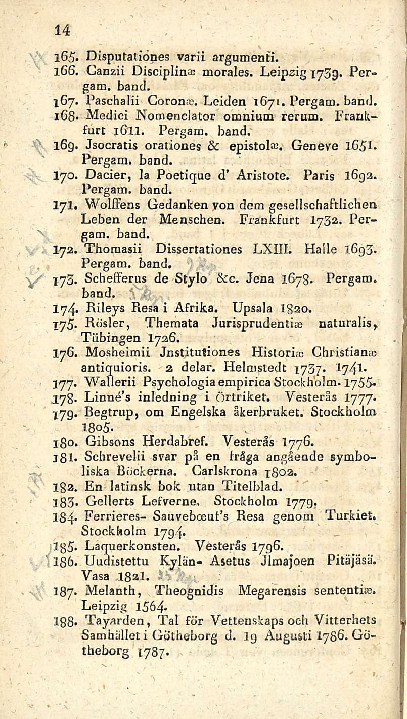 V 14 165. Disputaliönes varii argumenfi. 166. Canzii Disciplin morales. Leipzig 1739. Pergam. band, X67. Paschalii Coron. Leiden 1671. Pergam. band. 168* Medici Nomenclator omnium rerum.