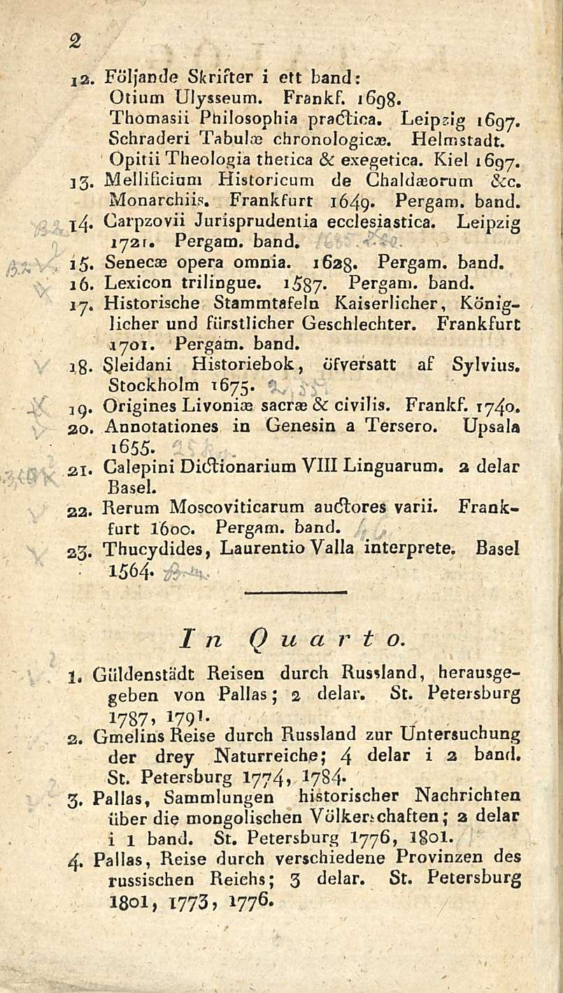 2 iz. FÖljande Skrifter i ett hand: Otium Ulysseum. Frankf. 1698. Thomasii Ptiilosophia pradlica. Leipaig 1697. Schraderi Tabulaa chronologica?. Helmstadt. Opitii Theologia thetica & exegetica.