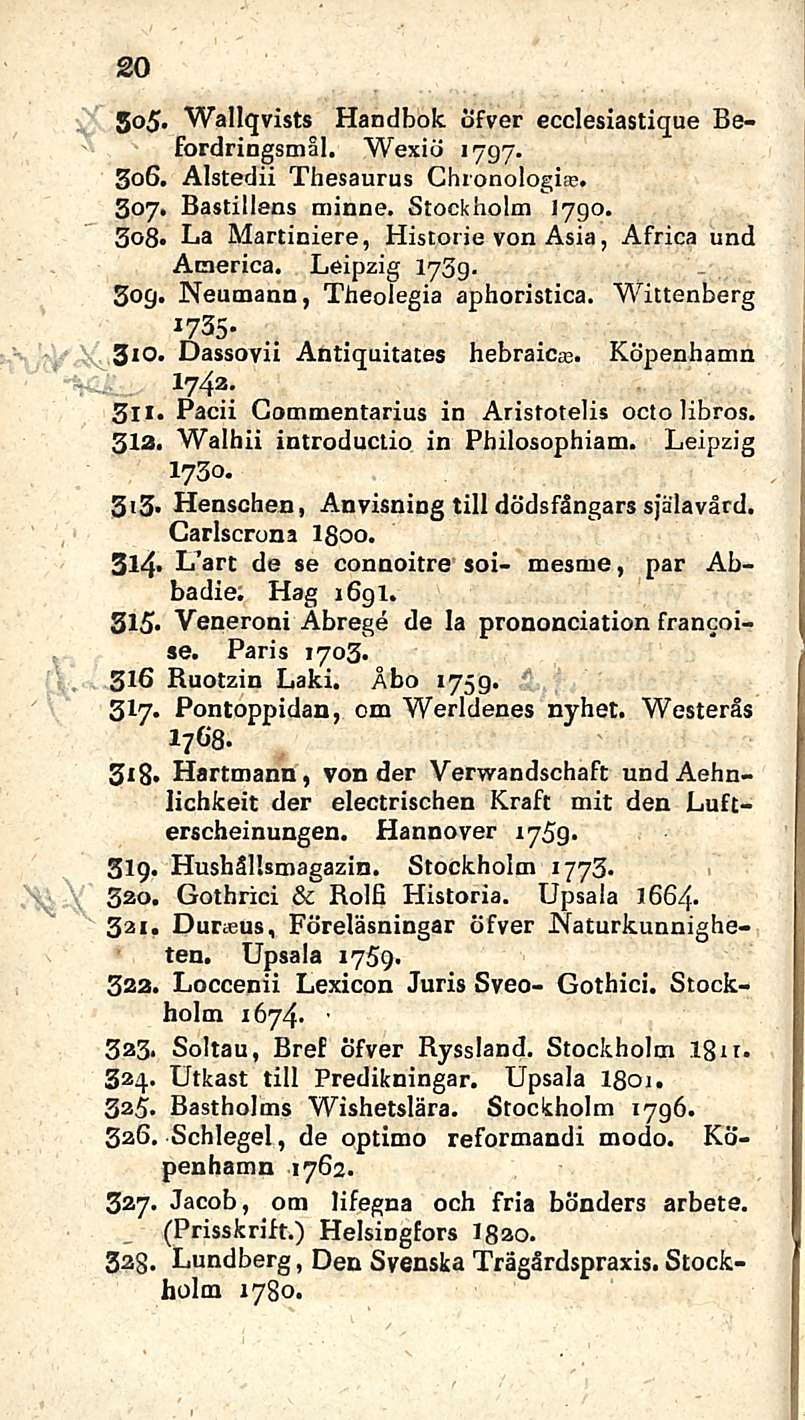 20 i 505. Wallqvists Handbok. Öfver ecclesiastique Befordringsmål. Wexiö 1797. 506. Alstedii Thesaurus Chronologia;. 307. Bastillans minne. Stockholm 1790.