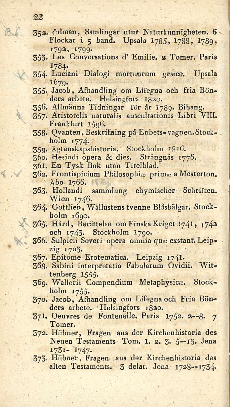 22 5$z. fidman, Samlingar uiuf Naturkunnigheten. 6 Flockar i 5 band. Upsala 1780» 1788* 1789» I79 a >»799-353. Les Gonversations d Erailie. 2 Tomer. Paris 1 784; 354- Luciani Dialogi mortunrum graece.