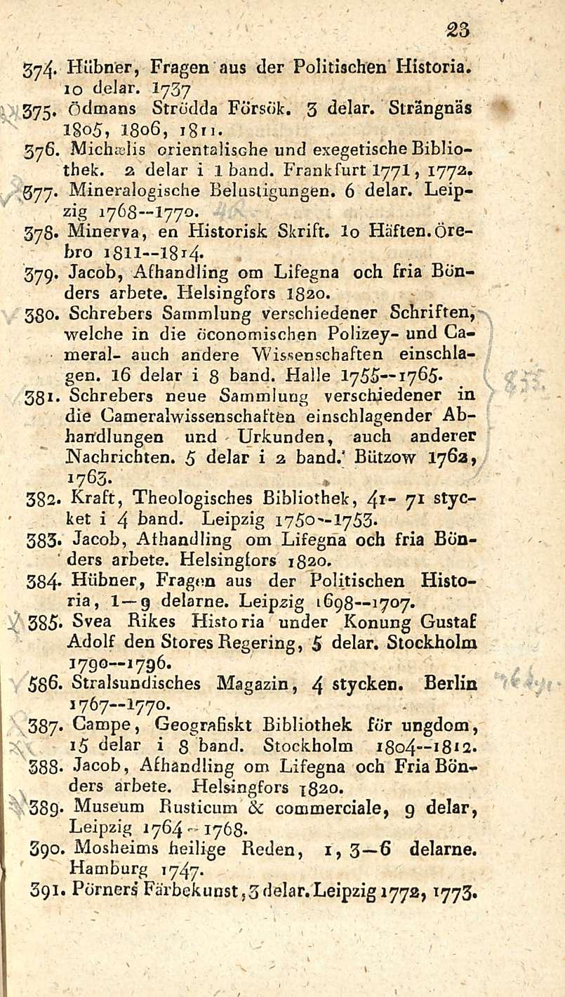 23 3Hiibner, Fragen aus der Politischen Historia. io delar. I737 375. ödmans Strodda Försbk. 3 delar. Strangnäs 1 o5, 1806, 1S *1 Michudis 376. orientalische und exegetische Bibliothek.