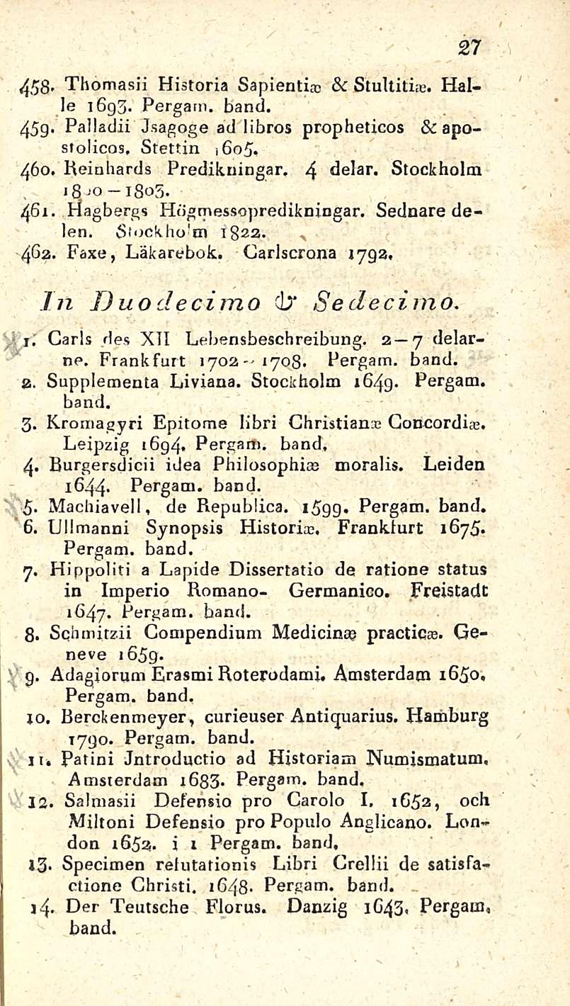 458- Thomasii Historia Sapienti & Stultiti;e. Kalle 1693. Pergam. hand. 27 459> Palladii Jsagoge ad Hbros propheticos & apostolicos, Stettin,6o5. 460. Reinhards Predikningar. 4 delar.