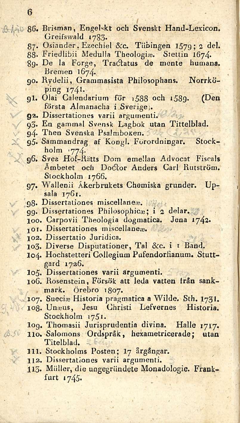 10/, 6 I 86. Brisman, EngeFkt och Svenskt Hand-Lexicon. Greifswald 1783* 87. Osiander, Ezechiel &c. Tiibingen 2 del. 88- Friedlibii Medulia Theologire. Sienin 1674. 8g.