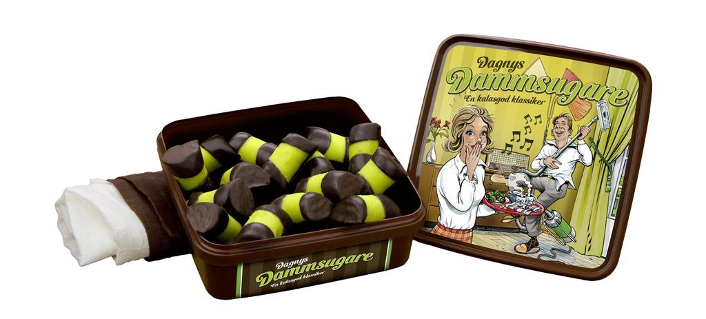Varje burk innehåller ca 16 dubbla chokladflarn och väger 500 gram.