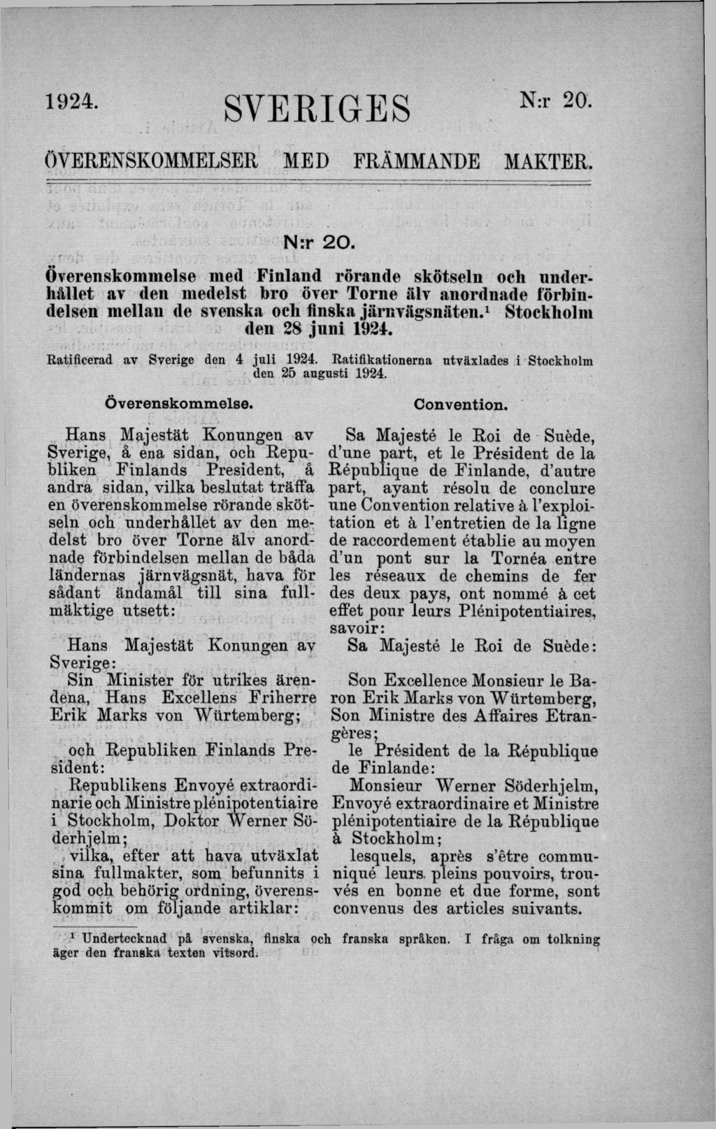 1924- SVERIGES N:r 20- ÖVERENSKOMMELSER M ED FRÄMMANDE MAKTER. N:r 2 0.