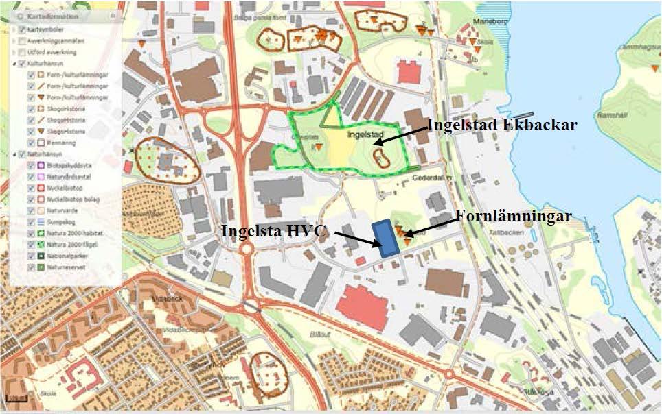 13 Figur 9 Skyddsvärde områden i omgivningen till Ingelsta HVC (ungefärlig placering) Det planerade verksamhetsområdet är placerat utanför områden för fornlämningar och skyddsvärda intressen.