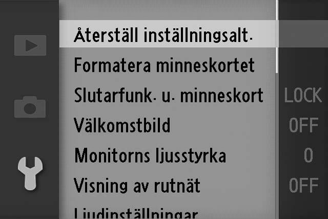 U Använda menyerna Du kan nå de flesta fotograferings-, bildvisnings- och inställningsalternativen via kamerans menyer. Tryck på G- knappen för att visa menyerna.