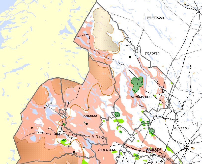 Gröna områden där vindparker sannolikt är lämpliga och kan prövas. Vita områden där mindre exploateringar kan prövas. Även större parker kan prövas i Krokoms kommun.