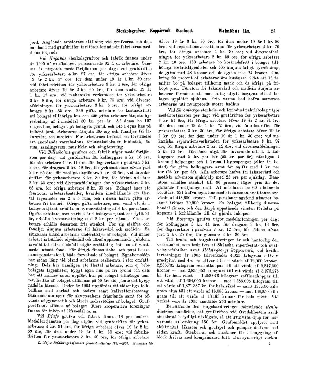 Stenkolsgrufvor. Kopparverk. Stenbrott. Malmöhus län. 25 jord. Angående arbetarnes ställning vid grufvorna och de i samband med grufdriften inrättade lerindustrifabrikerna meddelas följande.