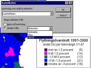 Bilden visar hur LA-regioner med positivt flyttnetto (klasserna 1 och 2) har angivits med mörklila respektive ljuslila f ä rg.