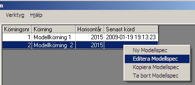 Specifikation av modellkörning 2 inleds. Körningens namn syns i översta rutan.