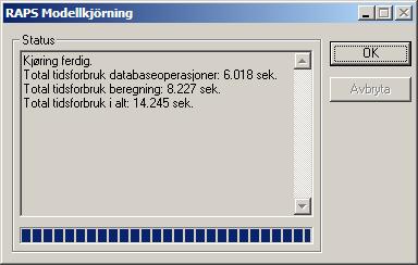 Modell status 31. Under processens gång visar raps status för modellkörningen. Här visas återigen vilka data som läses in och vilka beräkningar som görs.