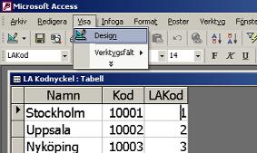 I databasen finns nu en ny tabell med namnet LA kodnyckel. Öppna denna genom att dubbelklicka på densamma.