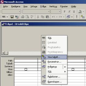 Välj visa tabell 24. Access öppnar designläget för urvalsfråga 1. Första steget är att ta in de tabeller som man önskar länka samman.