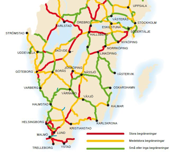 Ovan: Karta över södra Sverige visande kapacitetsutnyttjandet under max 2 timmar hösten 2015. Källa: Trafikverket.