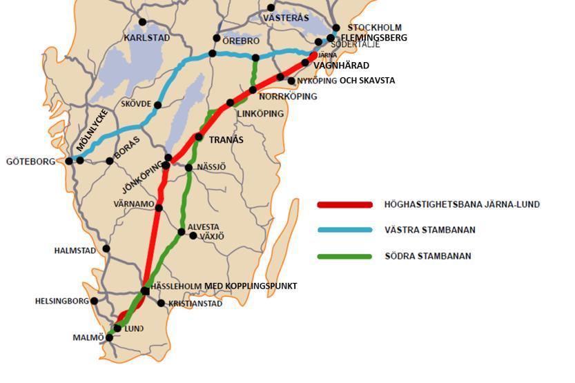 4 UTBYGGNADSORDNING Figur 2, Hela höghastighetsjärnvägen. Grundkarta: Trafikverket.