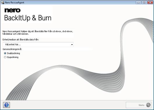 3 Startfönstret Startfönstret På startskärmen för Nero RescueAgent kan du välja lagringsmedium, från vilket du återställer data. Dessutom kan du välja mellan en snabb och en djup skanning.