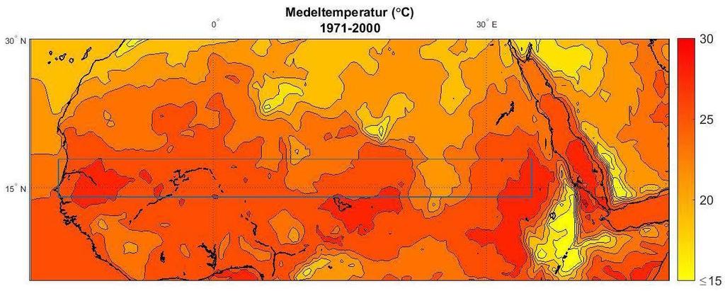 Figur 6. Medeltemperatur 1971-2000 (angett i C). Koordinaterna för Sahel är utmärkta med en rektangel. För regionen används den definition som Nicholson (2013) anger: (18 V 35 Ö, 14 N- 18 N).