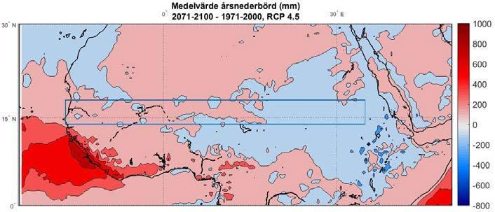 Figur 8. Skillnad i medelvärde årsnederbörd mellan perioderna 1971-2000 och 2071-2100 för scenario RCP 4.5 (i mm). Koordinaterna för Sahel är utmärkta med en rektangel.