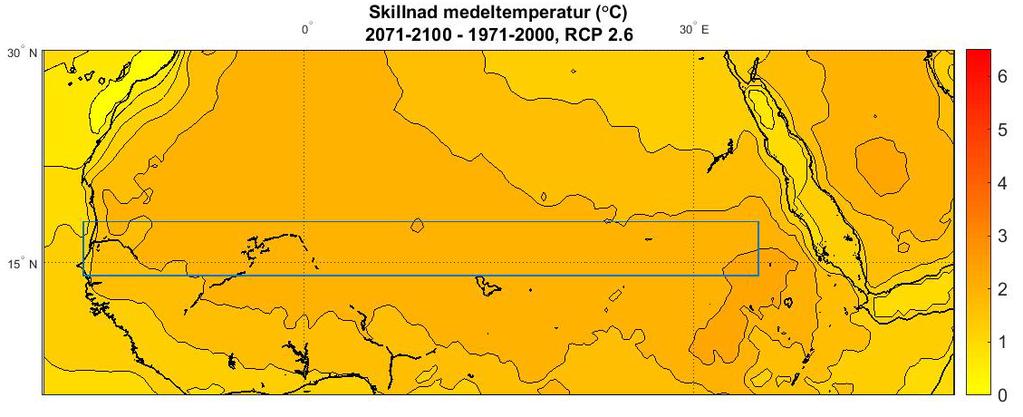 Figur 10. Skillnad i medeltemperatur mellan perioderna 1971-2000 och 2071-2100 för scenario RCP 2.6 (i C).