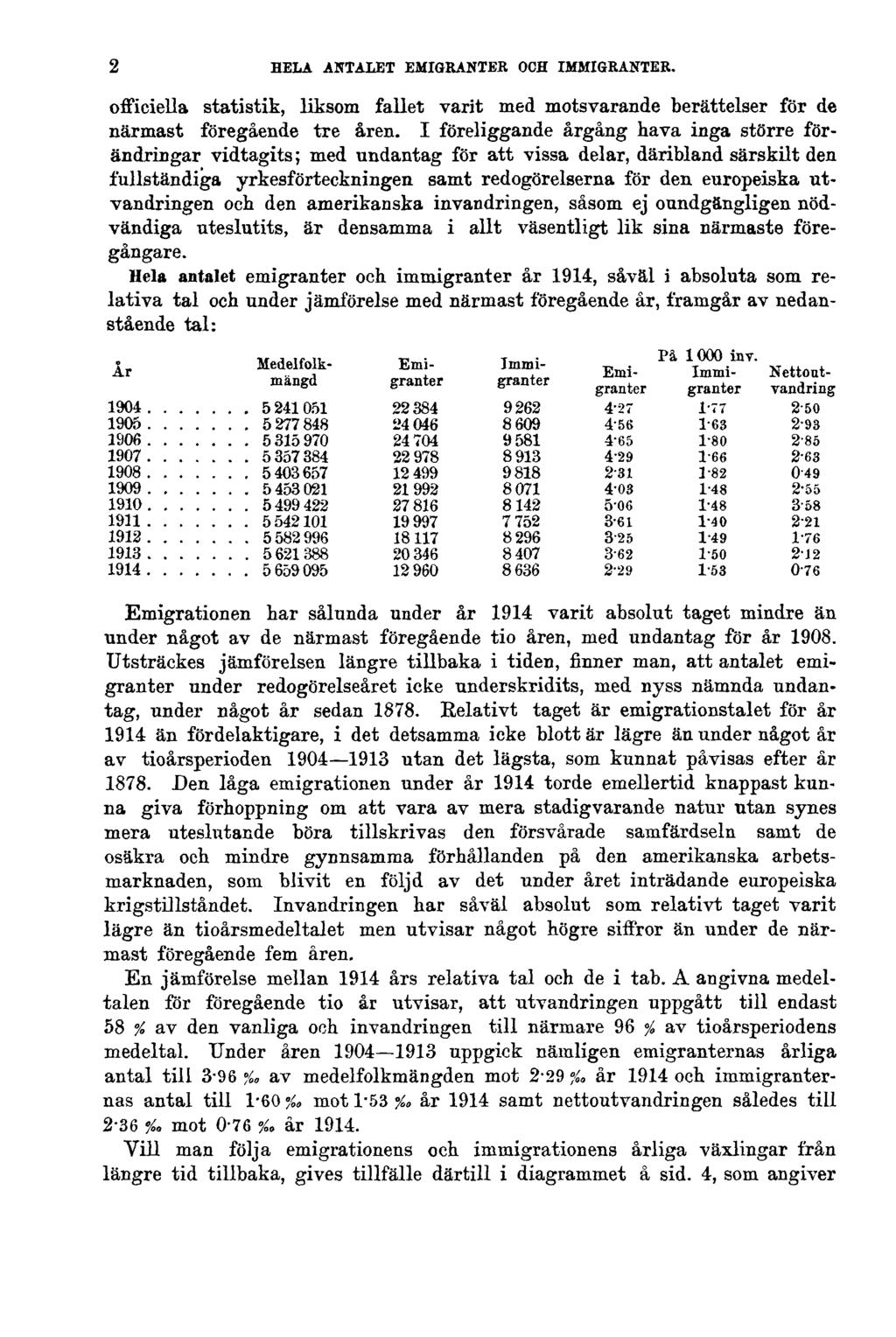 2 HELA ANTALET EMIGRANTER OCH IMMIGRANTER. officiella statistik, liksom fallet varit med motsvarande berättelser för de närmast föregående tre åren.