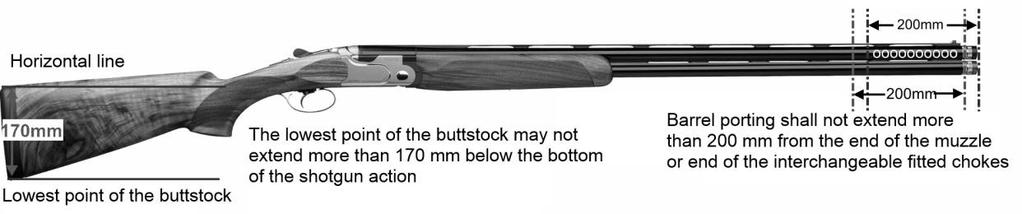 9.4.2.6 Kompensatorer Kompensator och liknande hjälpmedel fastsatta på gevärspipan är förbjudna, förutom att portade utbytbara choker är tillåtna (se 9.4.2.7 b). 9.4.2.7 Portade pipor och portade utbytbara chokar a) Portade pipor år tillåtna under förutsättning att portarna sitter högst 20 cm från mynningen eller änden på en utbytbar choke.