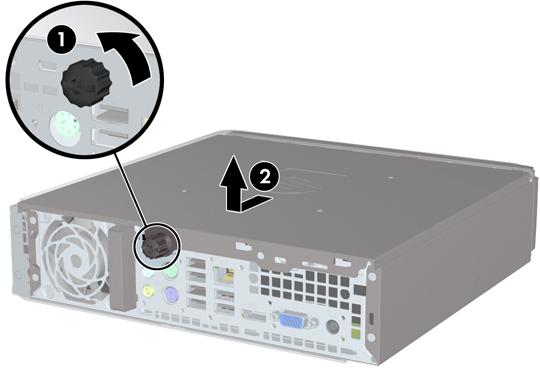 Ta bort datorns åtkomstpanel Du måste ta bort åtkomstpanelmonteringen för att komma åt interna komponenter. 1. Ta bort/koppla bort alla säkerhetsanordningar som förhindrar att datorn öppnas. 2.