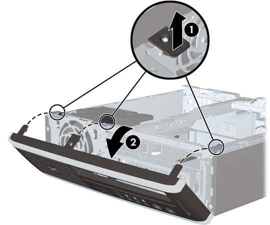 Ta bort och byta ut frontpanelen 1. Ta bort/koppla bort alla säkerhetsanordningar som förhindrar att datorn öppnas. 2. Ta bort alla flyttbara medier, t.ex. CD-skivor och USB-flashenheter, från datorn.