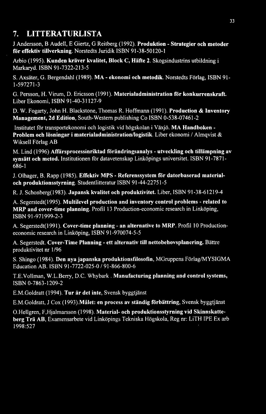 Persson, H. Virum, D. Ericsson (1991). Materialadministration for konkurrenskraft. Liber Ekonomi, ISBN 91-40-31127-9 D. W. Fogarty, John H. Blackstone, Thomas R. Hoffmann (1991).