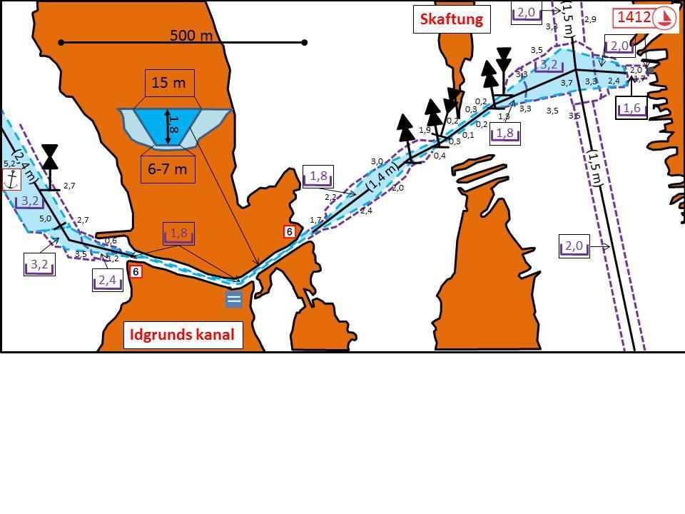 Inseglingsbeskrivning till Skaftung servicehamn genom Idgrunds kanal 1,4 m Farleden har fram till en ankringsplats utanför kanalen erhållit seglationsdjup 2,4 meter och i kanalen utgör