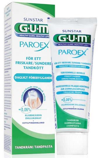 GUM PAROEX tandkräm innehåller två antibakteriella substanserna för maximal motverkan av plack: Klorhexidindiglukonat: ett antiseptiskt medel som ger långvarigt skydd som angriper befintlig plack och