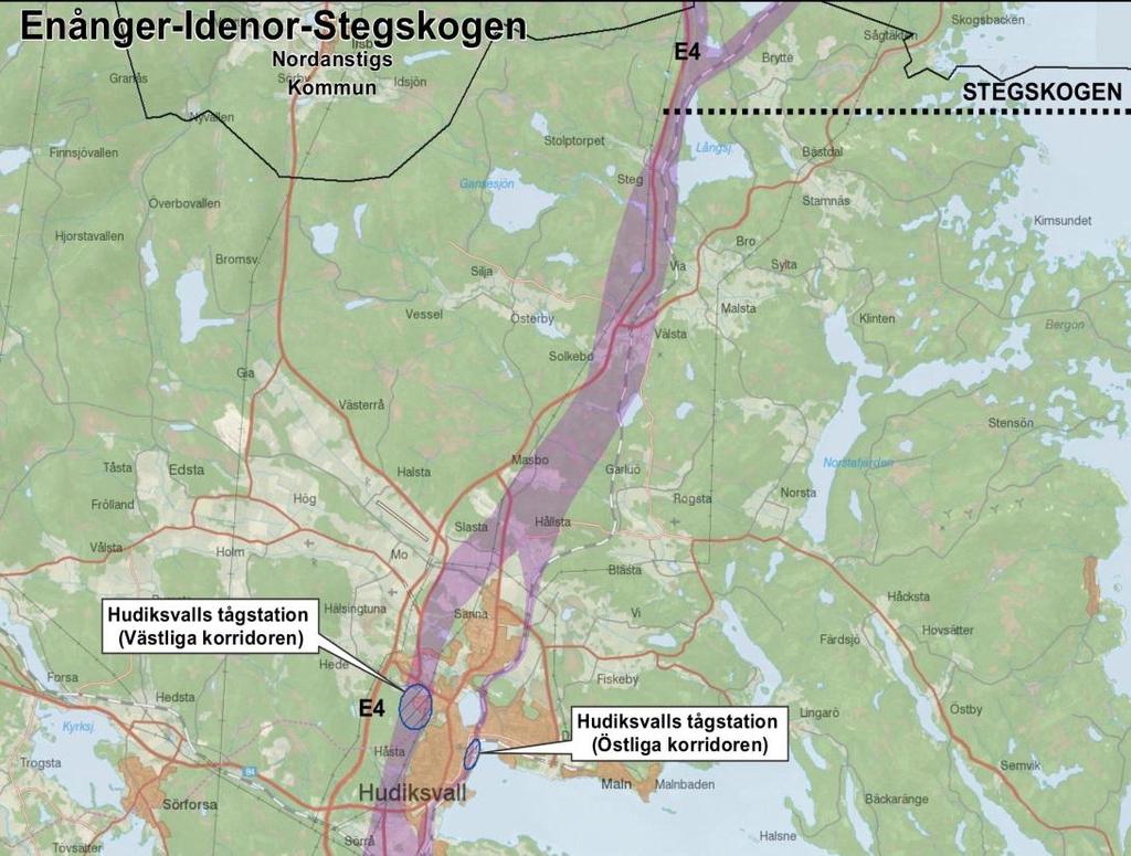Enånger-Idenor-Stegskogen Västlig korridor o Helt ny sträckning o Ny station Hudiksvall o Station utgår i Iggesund