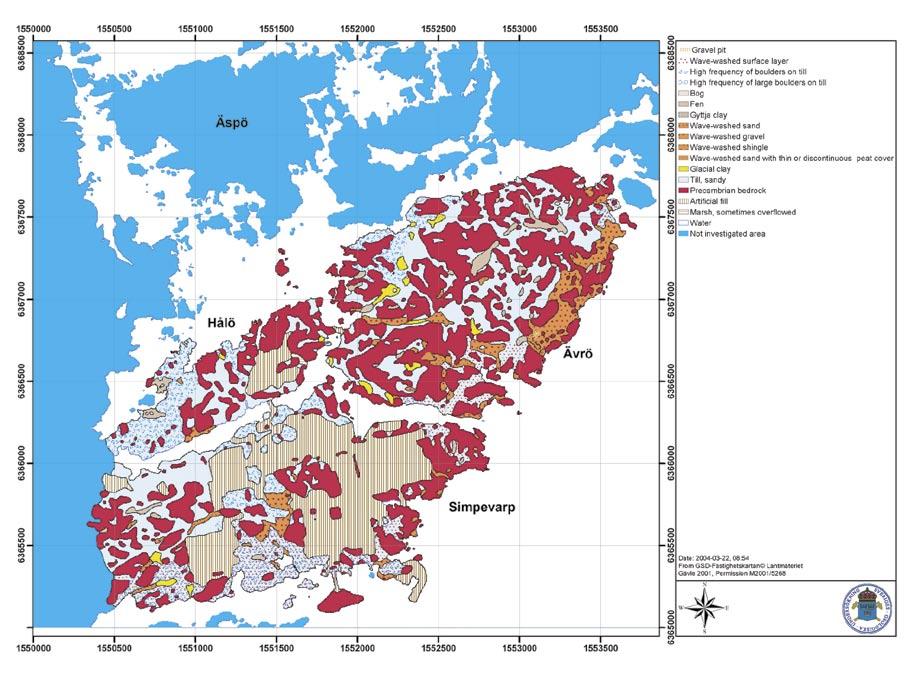 Figure 5-1. A map of the Quaternary deposits and exposed bedrock. The clay is normally brownish. The thickness of the clay is somewhat unknown.