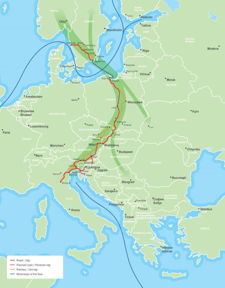 Gränsöverskridande samverkan mellan olika planer och järnväg genom Centraleuropa till Gdynia.